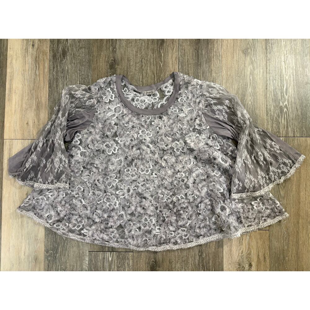 POL Lace Textured Peplum Top Large Gray Sheer Bell Sleeve Boho
